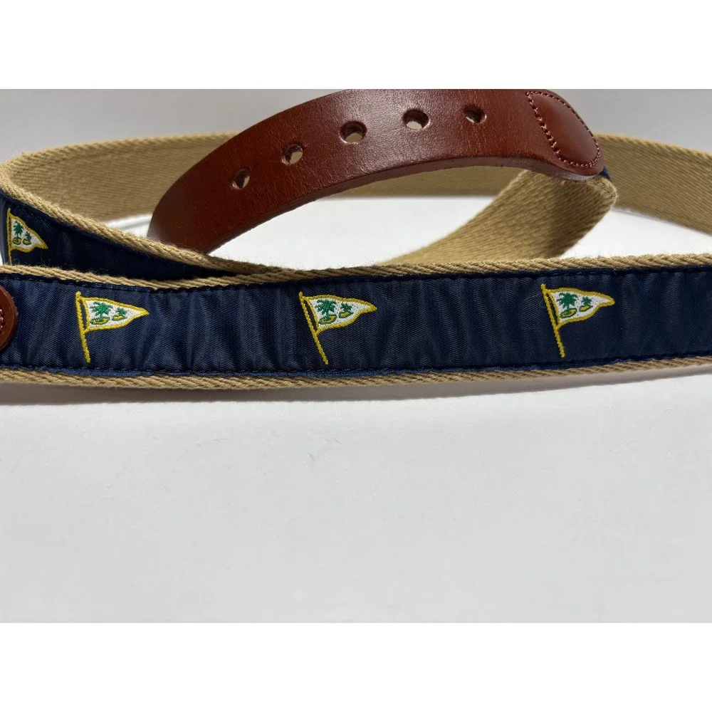 Leather Man Limited Belt 44 Navy Blue Palm Tree Pennant Ribbon Solid Brass